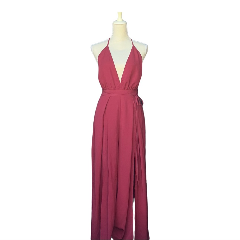 Simplee Sexy Deep V Neck Strappy Backless Wide Leg Chiffon Jumpsuit Rusty Red L